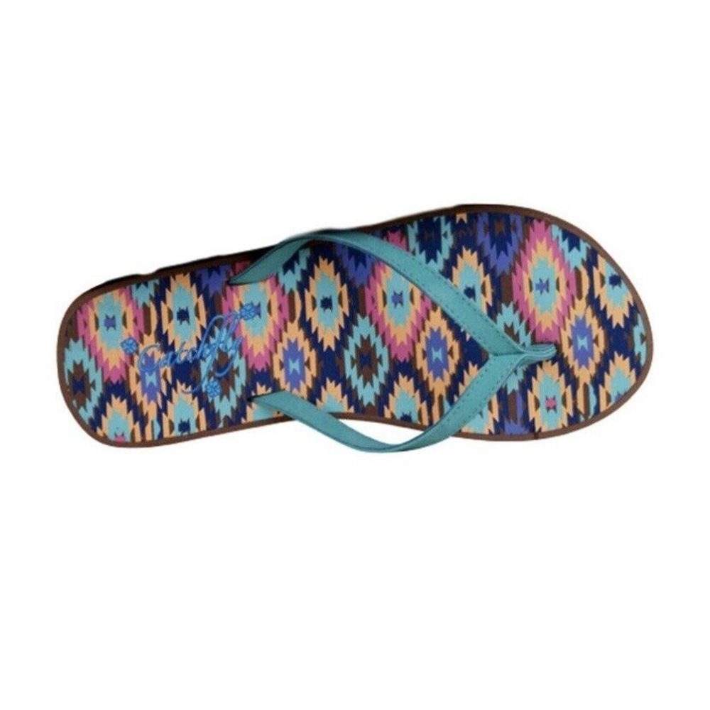 Catchfly western aztec teal and brown flip flops‎ size 7